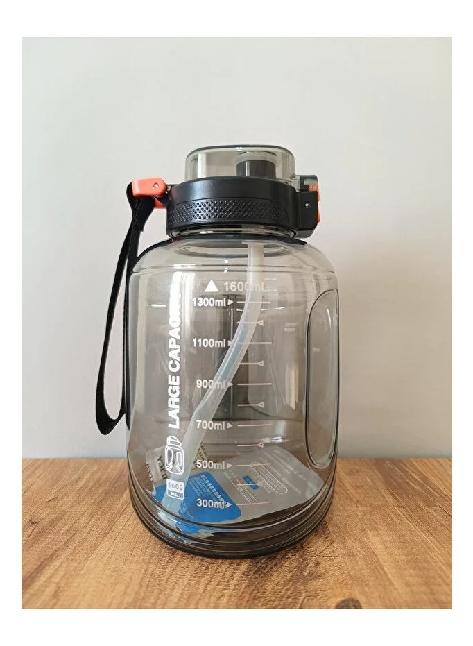 زجاجة مياه رياضية بسعة كبيرة مع يد مريحة وغطاء بفتحة شرب – لون اسود شفاف - Image 4