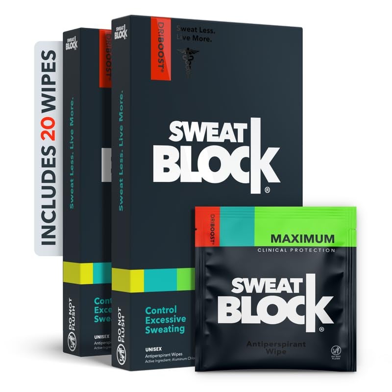 SweatBlock Antiperspirant Wipes Maximum Clinical Strength Treat Hyperhidrosis Excessive Sweating for Men Women Teens up to 7 Days Protection Per Wipe Dermatologist Tested 20 Wipes