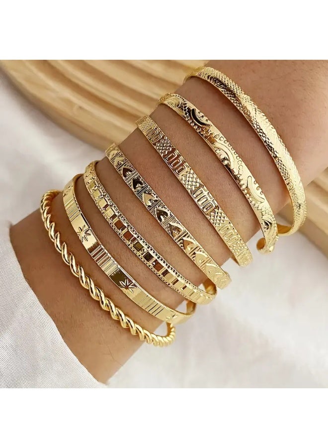 Goolsky 7-Piece Vintage Style Adjustable Bangles - Open Cuff Bracelets with Exaggerated Arrow and Geometric Patterns - Fashion Accessory  - Image 1