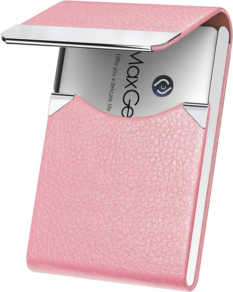MaxGear Business Card Holder, PU Leather & Stainless Steel Business Card Case for Men or Women, Slim Name Cards Holder RFID Blocking Credit Cards Carrier with Magnetic Closure, Pink - Image 1