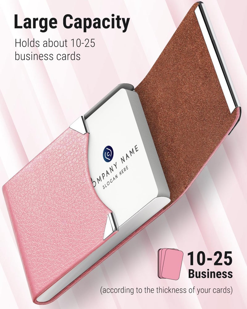 MaxGear Business Card Holder, PU Leather & Stainless Steel Business Card Case for Men or Women, Slim Name Cards Holder RFID Blocking Credit Cards Carrier with Magnetic Closure, Pink - Image 2