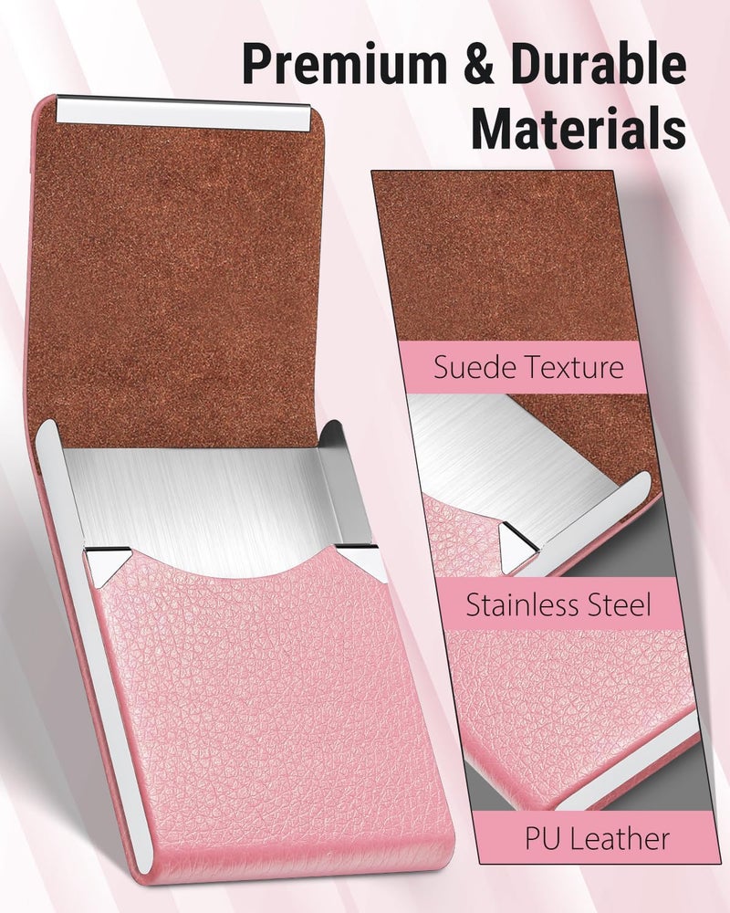 MaxGear Business Card Holder, PU Leather & Stainless Steel Business Card Case for Men or Women, Slim Name Cards Holder RFID Blocking Credit Cards Carrier with Magnetic Closure, Pink - Image 4