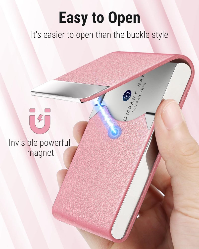 MaxGear Business Card Holder, PU Leather & Stainless Steel Business Card Case for Men or Women, Slim Name Cards Holder RFID Blocking Credit Cards Carrier with Magnetic Closure, Pink - Image 3