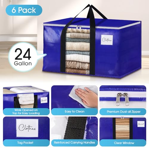 BlissTotes 6 Pack Moving Bags with Clear Window, Storage Bags with Strong Carrying Handles & Zippers,Large Packing Bags for Saving Space, Alternative to Moving Boxes(Blue,24 Gallon) - Image 4
