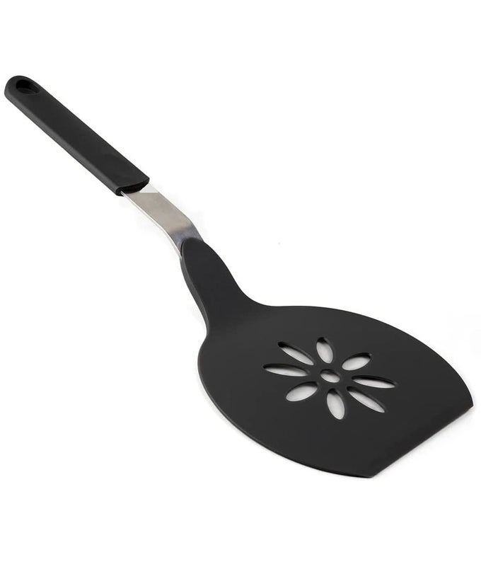 JUMBO NYLON PANCAKE SPATULA WIDE SPATULAS NONSTICK SLOTTED BLADE FLORAL CUTOUT DESIGN GREAT FOR PANCAKE FLIPPER EGG PANCAKE TURNER 15 X 65 INCHES EXTRA LARGE SPATULA GRAY BLACK