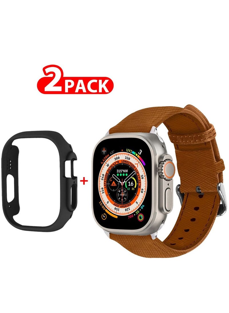 2 Packs For Apple Watch Band 49mm Leather Band Buckle Strap Wristband and Black Cup Holder Saddle Brown