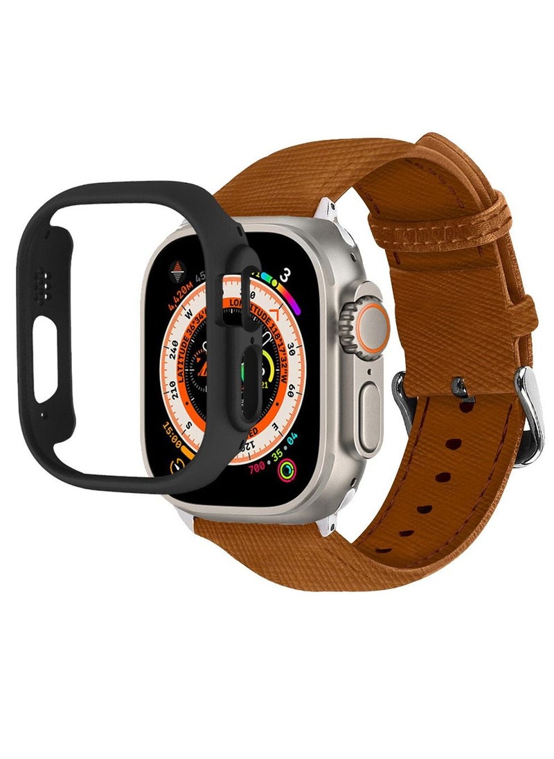 2 Packs For Apple Watch Band 49mm Leather Band Buckle Strap Wristband and Black Cup Holder Saddle Brown