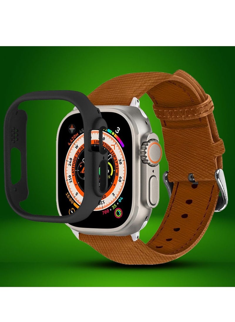 2 Packs For Apple Watch Band 49mm Leather Band Buckle Strap Wristband and Black Cup Holder Saddle Brown