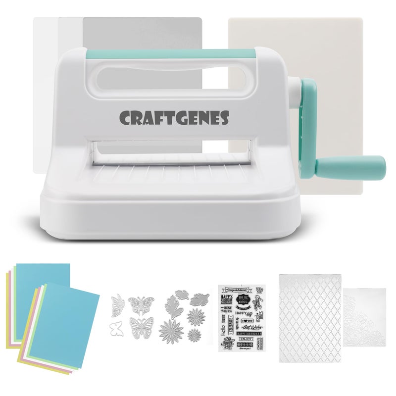 CraftGenes Manual Die Cutting Machine, Embossing Machine 6'' Opening Size for Cardmaking, Scrapbooking, and DIY Crafts â€“ Complete Set with A5 Die Cuts, Embossing Folders, Plates, Clear Stamps - Image 1