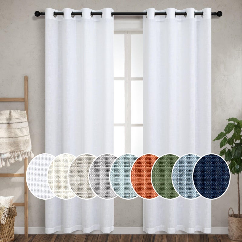 Pitalk White Linen Grommet Curtains for Living Room 80 Inch Length Set of 2 Panels Semi Sheer Boho Farmhouse Neutral White Curtain Drapes Eyelet Top Living Room Curtains for Bedroom Window 52x80 Long - Image 1