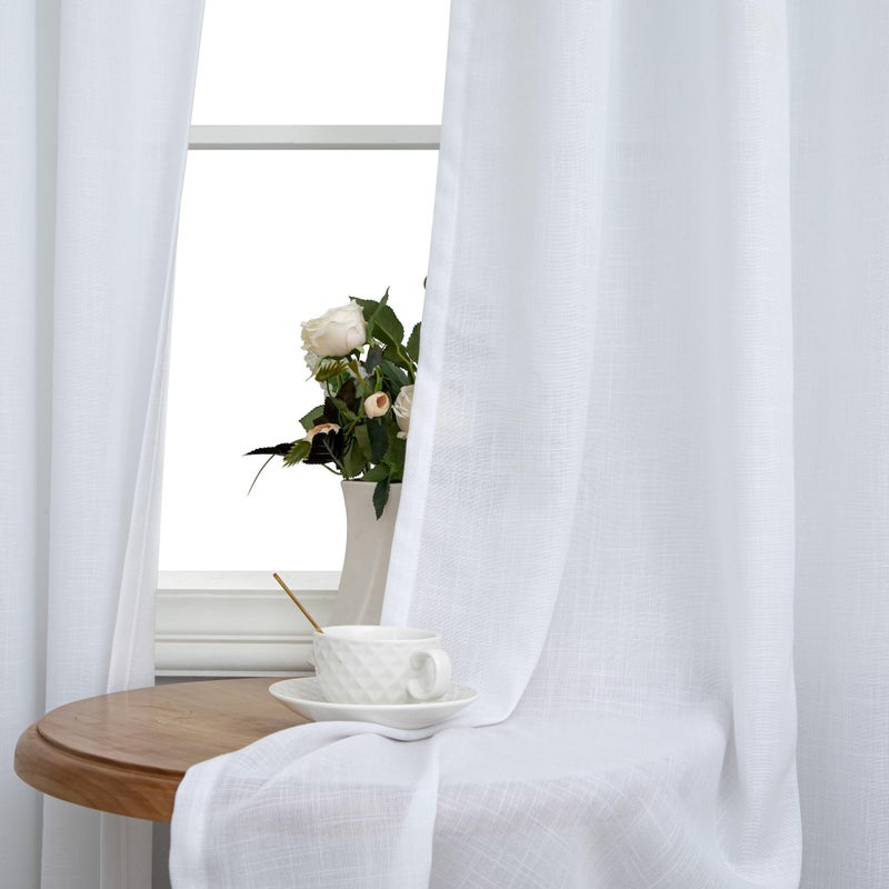 Pitalk White Linen Grommet Curtains for Living Room 80 Inch Length Set of 2 Panels Semi Sheer Boho Farmhouse Neutral White Curtain Drapes Eyelet Top Living Room Curtains for Bedroom Window 52x80 Long - Image 3