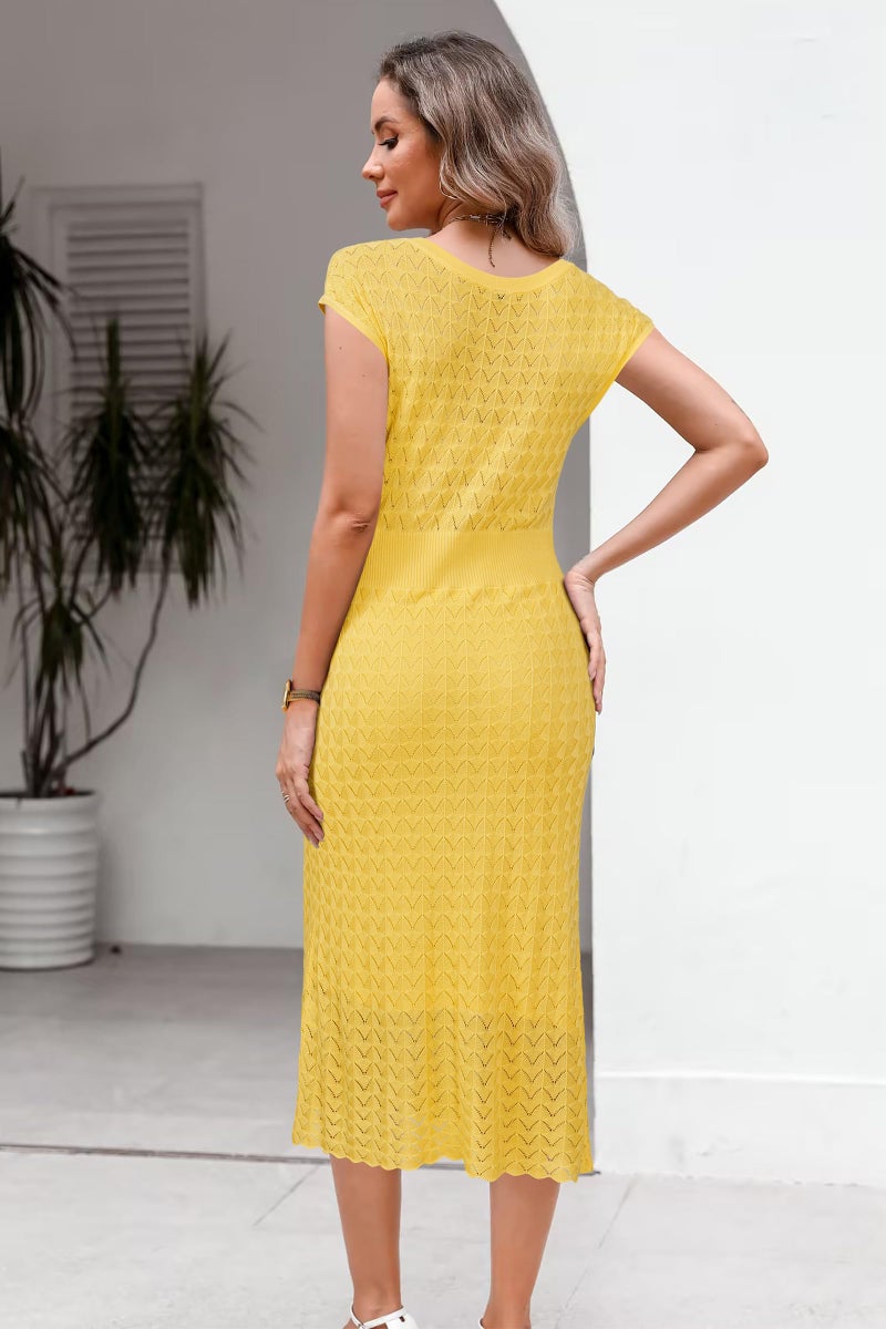 Newshows Women Summer Dresses 2026 Teacher Outfits Work Midi Boat Neck Cap Sleeve Butter Yellow Hollow Knit Modest Business Casual Elegant Classy Sweater Dress(Yellow,M) - Image 5