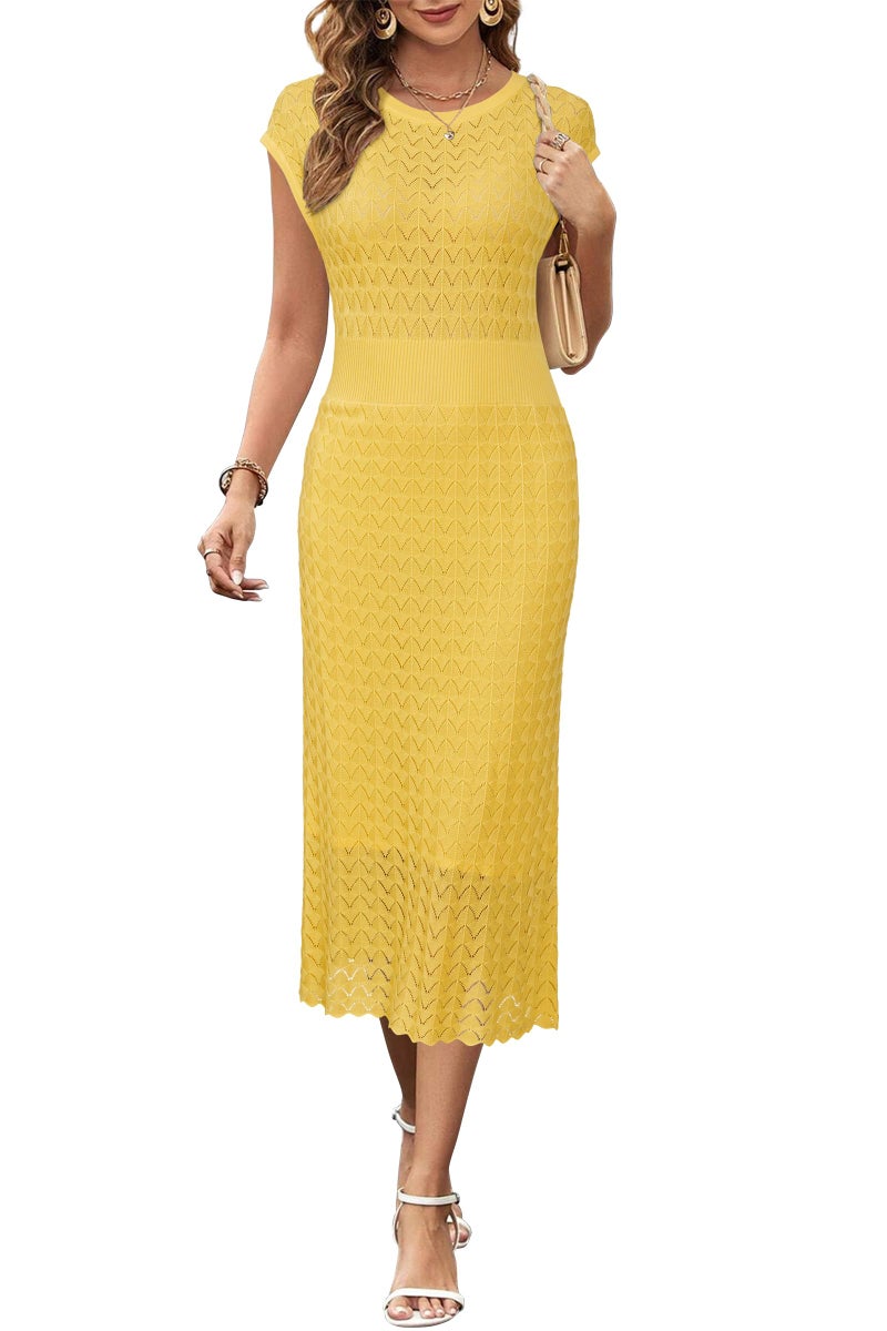 Newshows Women Summer Dresses 2026 Teacher Outfits Work Midi Boat Neck Cap Sleeve Butter Yellow Hollow Knit Modest Business Casual Elegant Classy Sweater Dress(Yellow,M) - Image 1