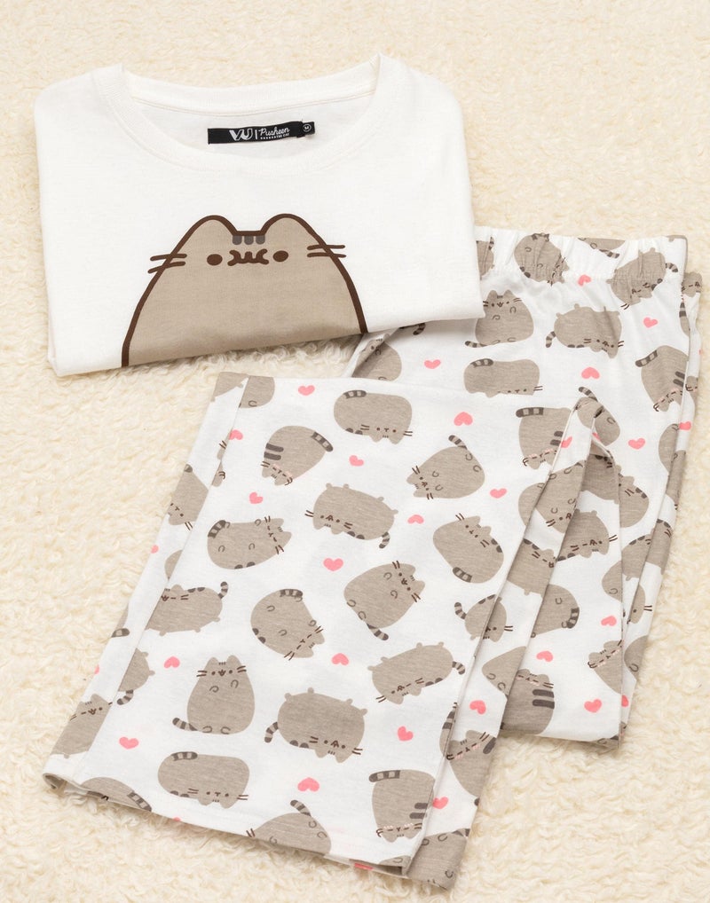 Pusheen Womens Pajama Set | Ladies Cartoon Cat Animal Graphic PJs | White Short Sleeve Long Leg Pajama Merchandise Gift - Image 4