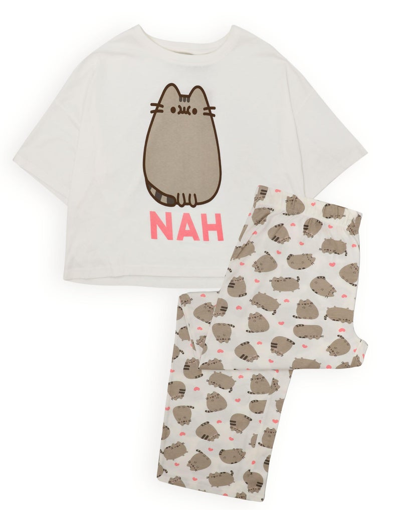 Pusheen Womens Pajama Set | Ladies Cartoon Cat Animal Graphic PJs | White Short Sleeve Long Leg Pajama Merchandise Gift - Image 1