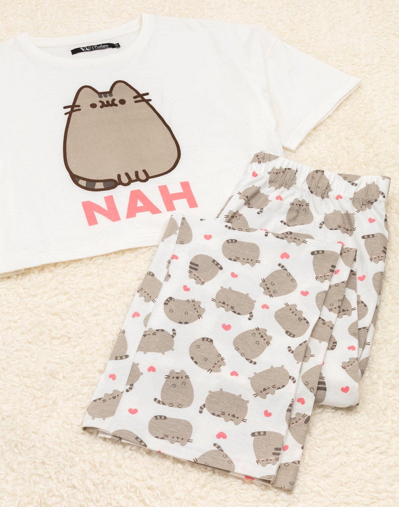 Pusheen Womens Pajama Set | Ladies Cartoon Cat Animal Graphic PJs | White Short Sleeve Long Leg Pajama Merchandise Gift - Image 3