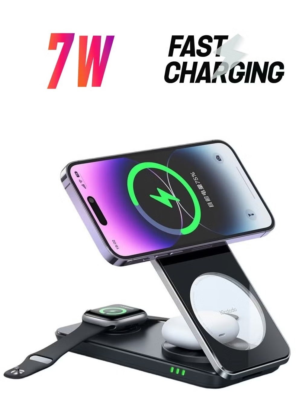 CH-1151 3-in-1 Magnetic Wireless Charger Stand Station – Phone Holder, Wireless Charger for iPhone, Samsung, and Other Devices, Fast Charging, Compact Design, Compatible with Qi-enabled Phones, Perfect for Desk or Nightstand
