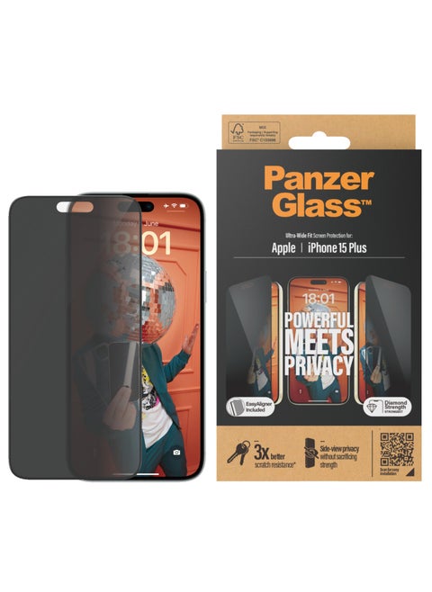 واقي شاشة الخصوصية PanzerGlass™ لهاتف iPhone 15 Plus - شاشة iPhone وشاشة iPhone زجاجية مقسى مقاومة للخدش وواقي للخصوصية - مع أداة تثبيت لسهولة التركيب