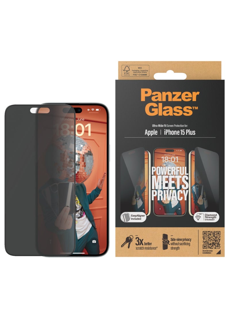 PanzerGlass - واقي شاشة الخصوصية PanzerGlass™ لهاتف iPhone 15 Plus - شاشة iPhone وشاشة iPhone زجاجية مقسى مقاومة للخدش وواقي للخصوصية - مع أداة تثبيت لسهولة التركيب - Image 1