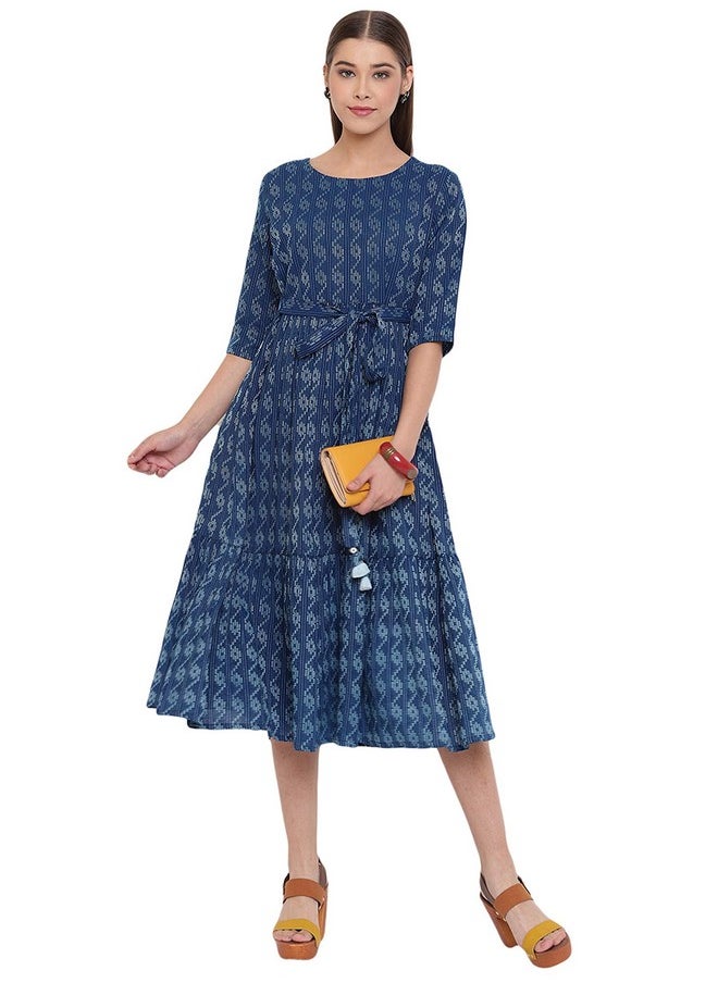 Janasya Women's Pure Cotton Woven Design Flared Western Dress (JNE3710-DR-S) Blue - pzsku/Z19E425ADADEC311DA8F3Z/45/_/1738305673/ea04fd74-7311-468d-b4bd-153c7cf7ca54