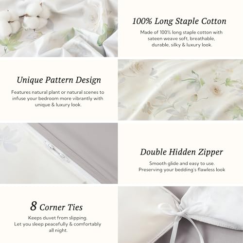 MILDLY King Size Duvet Cover Set 100% Long-Staple Cotton Luxury White Floral Patten Reversible Comforter Cover Set 3Pcs - Image 4
