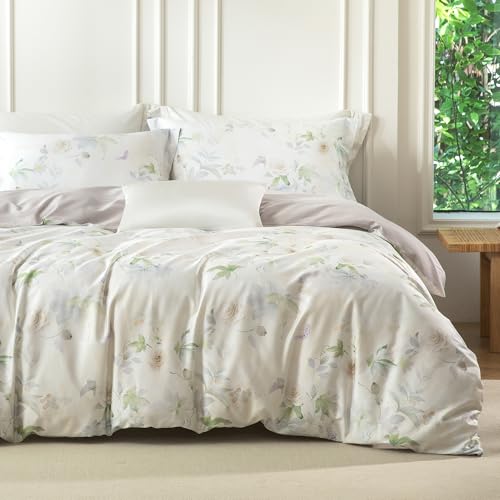 MILDLY King Size Duvet Cover Set 100% Long-Staple Cotton Luxury White Floral Patten Reversible Comforter Cover Set 3Pcs - Image 1