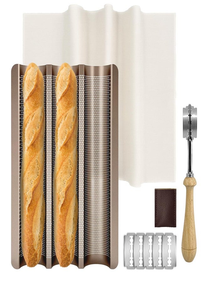 EQUNROY Baguette Bread Pan, Perforated French Bread Tray - 3 Loaf Nonstick Baking Sheet with Proofing Cloth & Dough Cutter Kit, Home Baker Supplies(15x11 Inch Gold) - Image 1