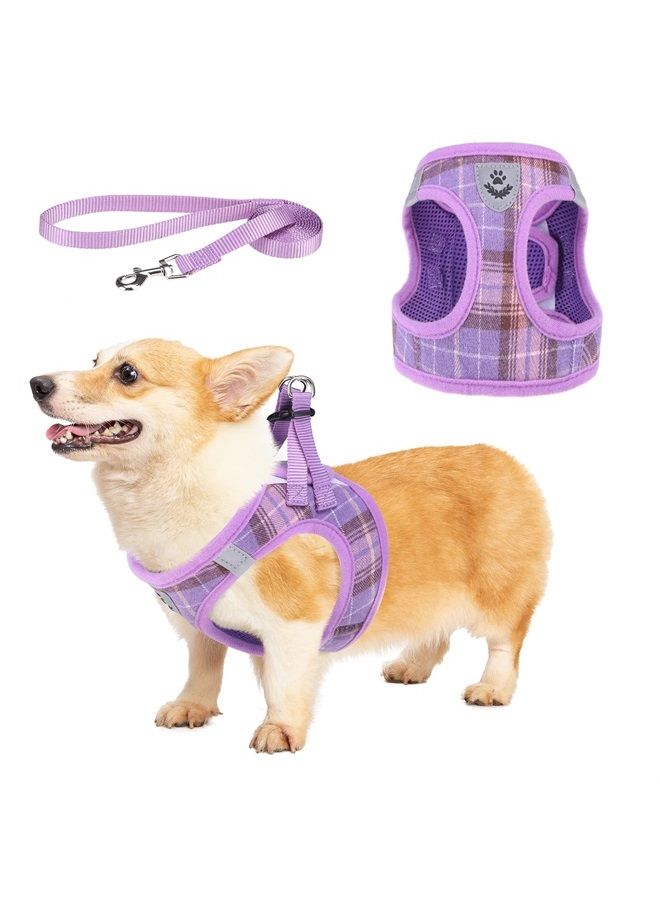KOOLTAIL Soft Mesh Plaid Puppy Harness - Small Dog Harness and Leash Set, Adjustable & Comfortable Harness with Reflective Design for Puppies and Small Breeds Dogs, for Outdoor Walking (Purple) - Image 1