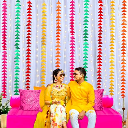 Party Propz White Backdrop for Decoration with Triangle Hanging, Fairy Light- 13 Pcs Holi Decoration Items for Home Decor, Wedding Decoration Items, Holi Backdrop Cloth for Decoration Pooja(Net) - Image 5