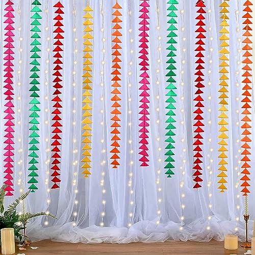 Party Propz White Backdrop for Decoration with Triangle Hanging, Fairy Light- 13 Pcs Holi Decoration Items for Home Decor, Wedding Decoration Items, Holi Backdrop Cloth for Decoration Pooja(Net) - Image 1