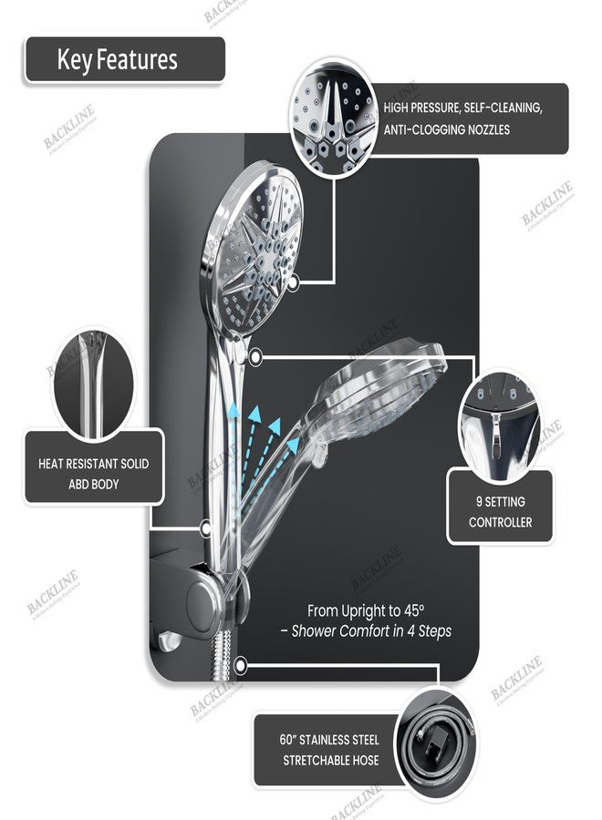 B BACKLINE Backline 9-Function Hand Shower for Bathroom | High Pressure Handheld Shower Head with 1.5M 304 Stainless Steel Hose & Wall Hook | Water Saving ABS Body | Multi-Spray Massage Experience Chrome Finish - Image 4