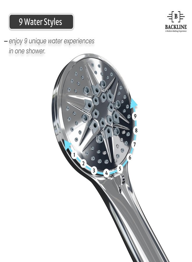 B BACKLINE Backline 9-Function Hand Shower for Bathroom | High Pressure Handheld Shower Head with 1.5M 304 Stainless Steel Hose & Wall Hook | Water Saving ABS Body | Multi-Spray Massage Experience Chrome Finish - Image 3