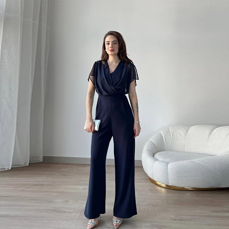 Women'S Fashion V-Neck Sleeveless Slim-Fit Waisted Solid Color Pants - Image 1