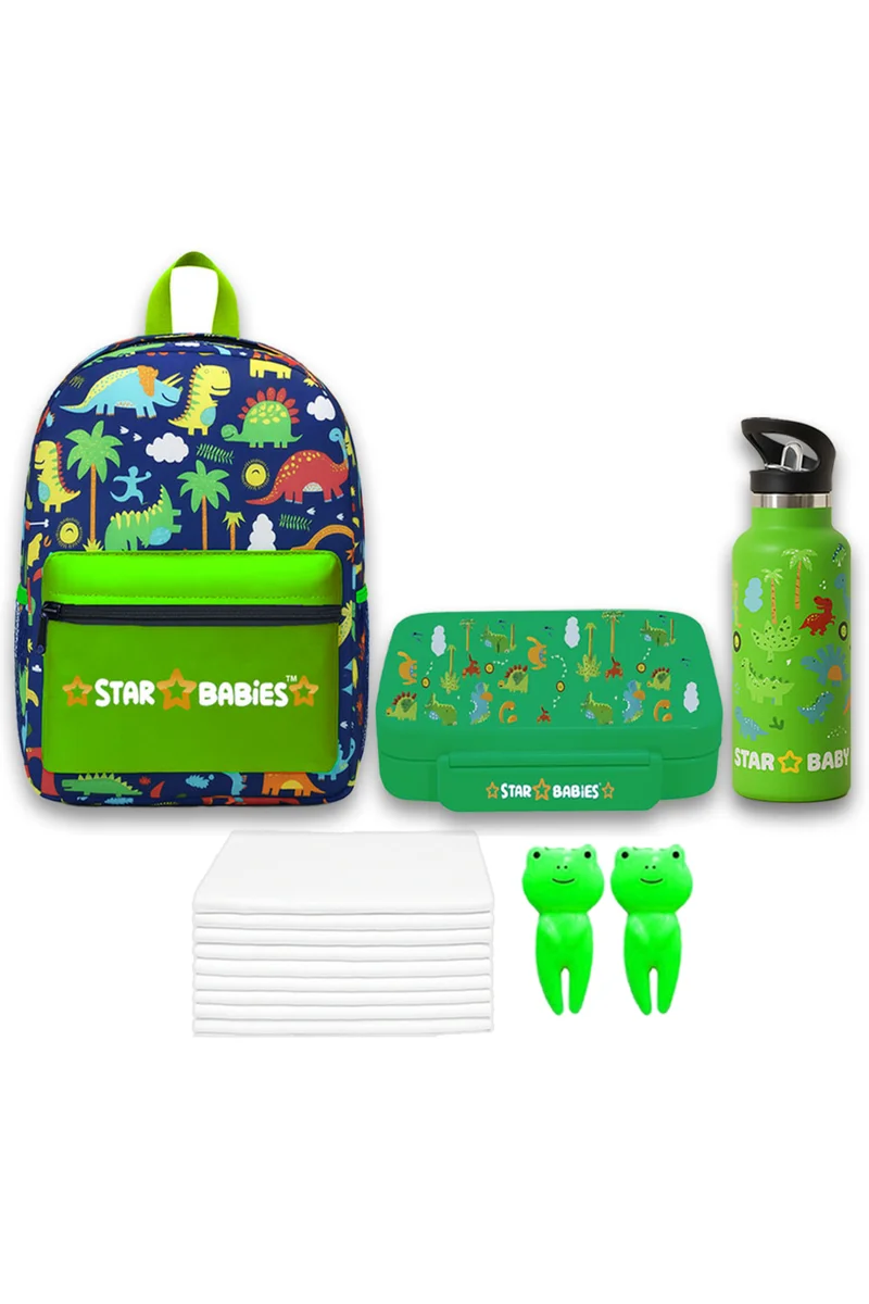 STAR BABiES Star Babies 16-Inch Jungle Green Themed Children's Backpack with Adjustable Shoulder Strap for Hiking Large with 500 ml Stainless Steel Water Bottle and Bento Lunch Box with 4 Compartments, Leak-Proof, Toddler-Friendly, 3 Years+, Pack of 3