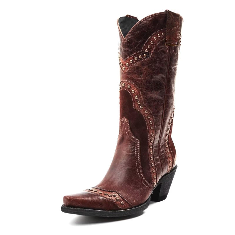 Agodor Brown Cowboy Boots For Women Cowgirl Ladies Mid Calf Boots with Classic Studded, Pointed Toe Chunky Heel Pull On Fashion Dress Wedding Western Booties US7.5 - Image 1