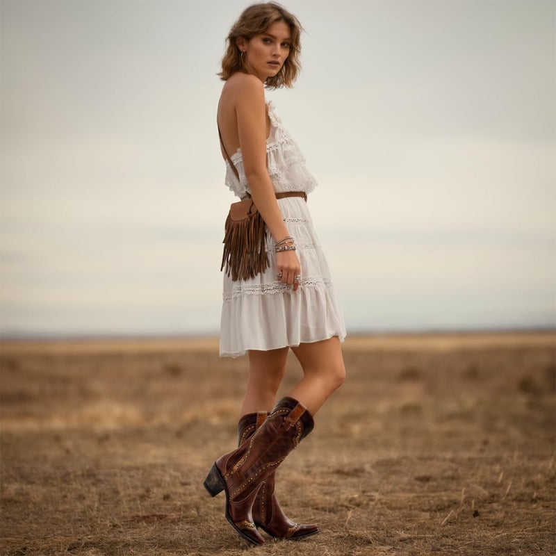 Agodor Brown Cowboy Boots For Women Cowgirl Ladies Mid Calf Boots with Classic Studded, Pointed Toe Chunky Heel Pull On Fashion Dress Wedding Western Booties US7.5 - Image 2