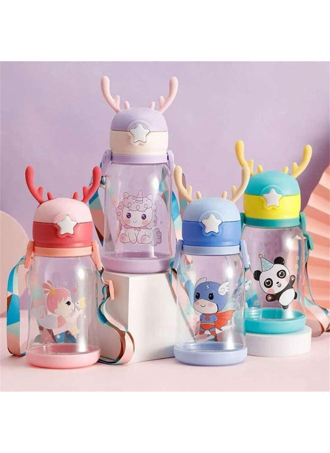 Generic - Kids Acrylic Water Bottle, 500ml, Antler Lid Design With Cartoon Characters, Straw Drinking Container - Image 1