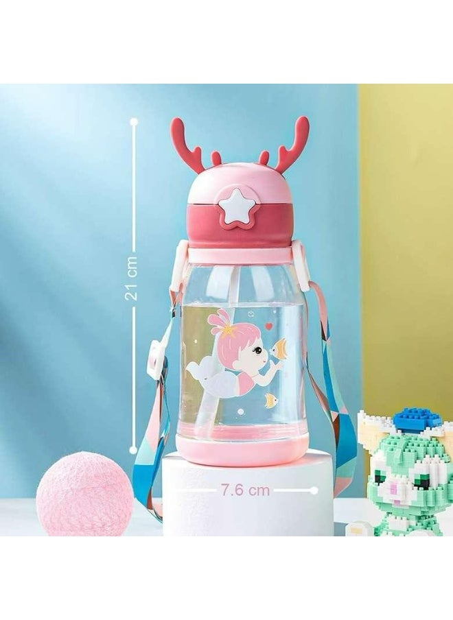 Generic - Kids Acrylic Water Bottle, 500ml, Antler Lid Design With Cartoon Characters, Straw Drinking Container - Image 1