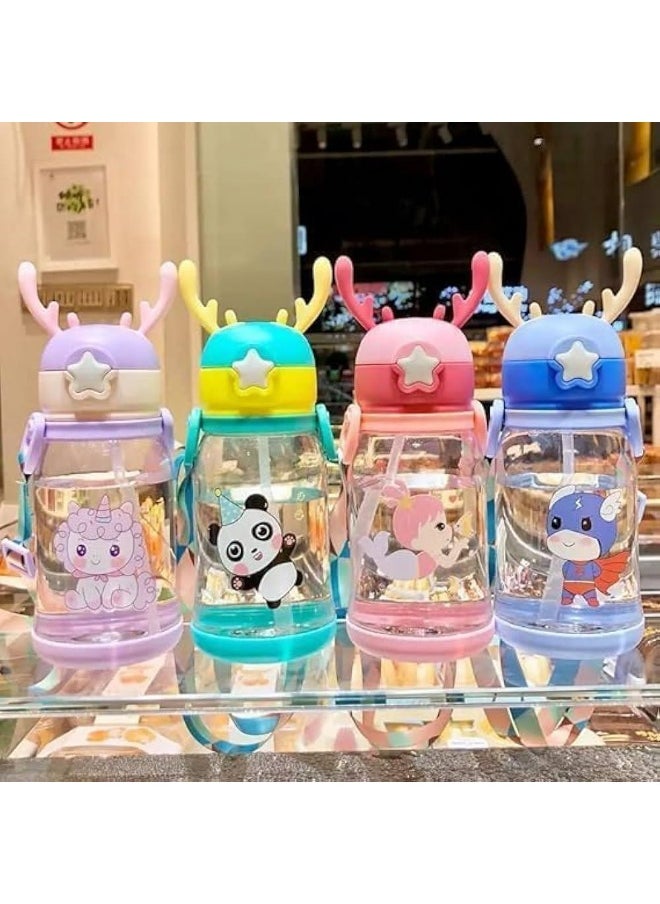 Generic - Kids Acrylic Water Bottle, 500ml, Antler Lid Design With Cartoon Characters, Straw Drinking Container - Image 1