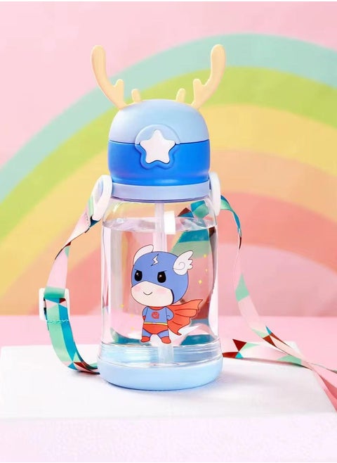Kids Acrylic Water Bottle, 500ml, Antler Lid Design With Cartoon Characters, Straw Drinking Container
