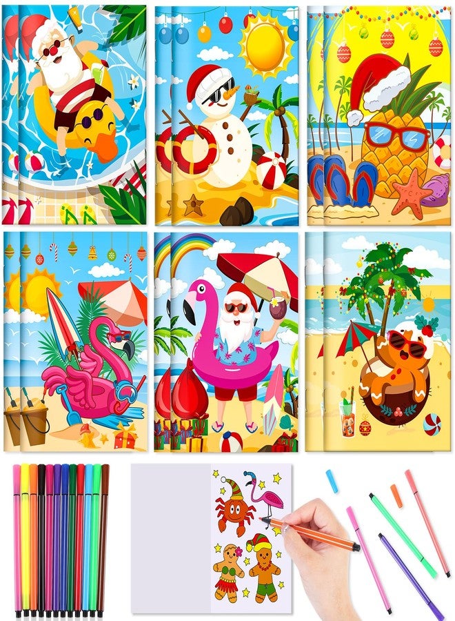 HOWAF 12pcs Christmas July Coloring Books with 12 Paint Pens, Hawaii Christmas Coloring Notebooks for Summer Holiday Kids Favors, Summer Xmas Santa Drawing Books - Image 1