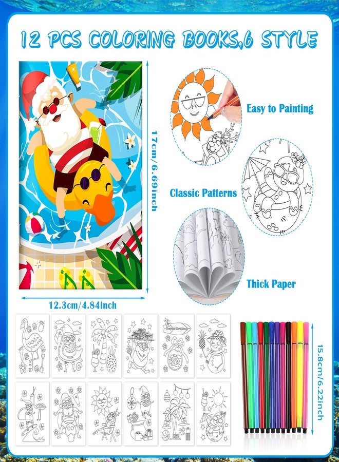 HOWAF 12pcs Christmas July Coloring Books with 12 Paint Pens, Hawaii Christmas Coloring Notebooks for Summer Holiday Kids Favors, Summer Xmas Santa Drawing Books - Image 2