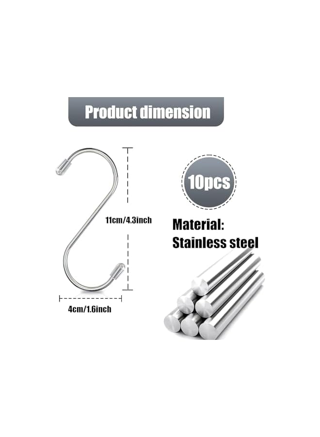 PROMASS promass S Hooks, 10 Pcs S Hooks for Hanging, 4.3 inch Stainless Steel S Hook for Kitchen, Work Shop, Bathroom, Bedroom, Garden, Office(Silver)  - Image 2