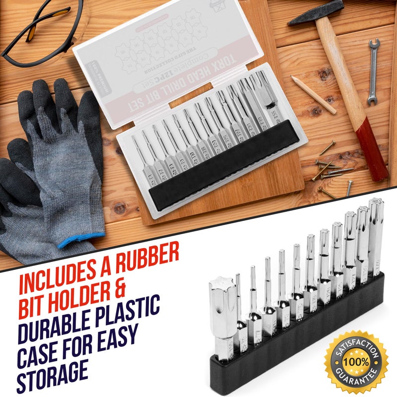 Baker and Bolt Torx Head Drill Bit Set - Premium12pc Set w/Storage Case T6 - T55 1/4in Hex Shank Magnetic Star Security Kit Long 2inch Torx Key Bits S2 Steel for drills and Impact Drivers - Image 2