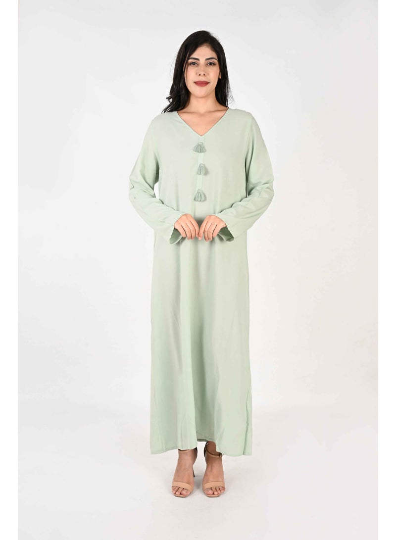 لـيـنـيـل جلابية نسائية من لينيل - اخضر فاتح بياقة على شكل حرف V وتفاصيل شرابة - Image 1