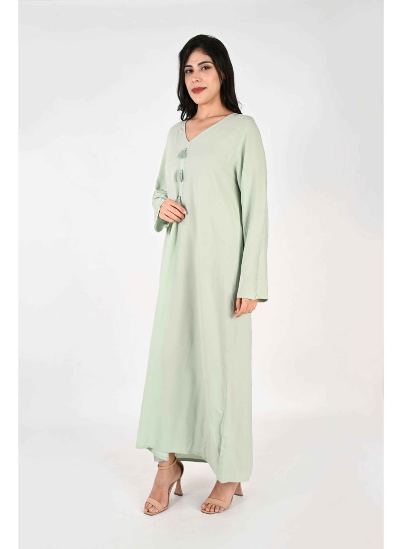 لـيـنـيـل جلابية نسائية من لينيل - اخضر فاتح بياقة على شكل حرف V وتفاصيل شرابة - Image 4