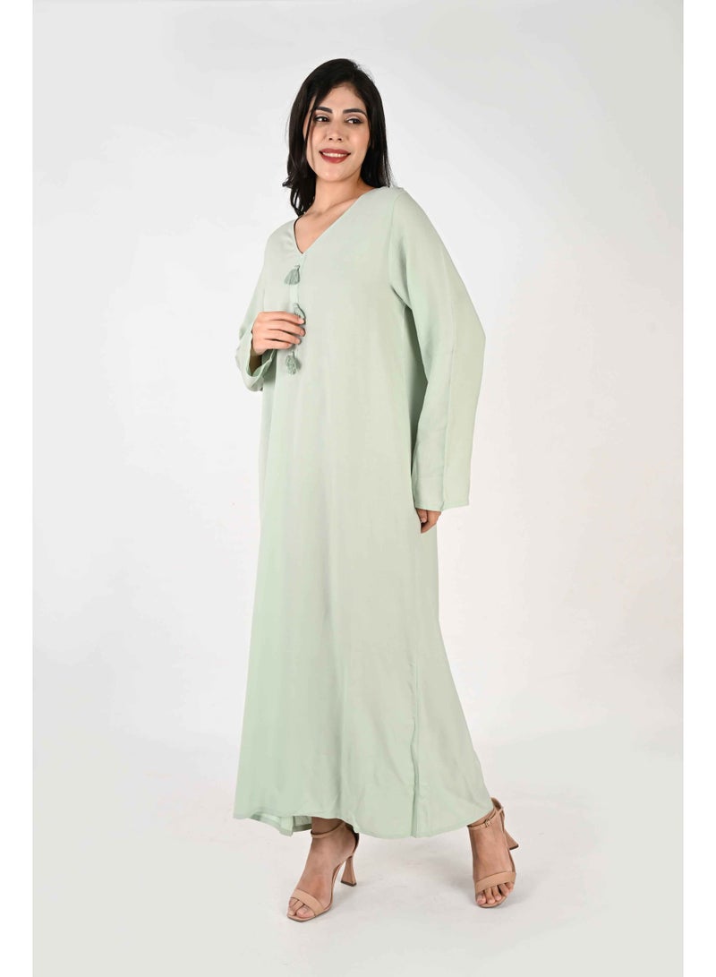 لـيـنـيـل جلابية نسائية من لينيل - اخضر فاتح بياقة على شكل حرف V وتفاصيل شرابة - Image 5