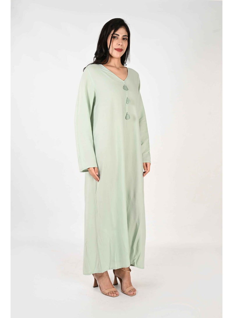 لـيـنـيـل جلابية نسائية من لينيل - اخضر فاتح بياقة على شكل حرف V وتفاصيل شرابة - Image 2