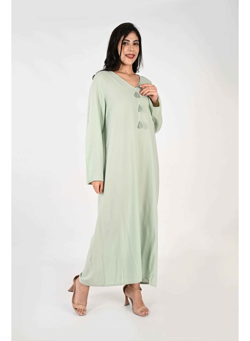 لـيـنـيـل جلابية نسائية من لينيل - اخضر فاتح بياقة على شكل حرف V وتفاصيل شرابة - Image 3