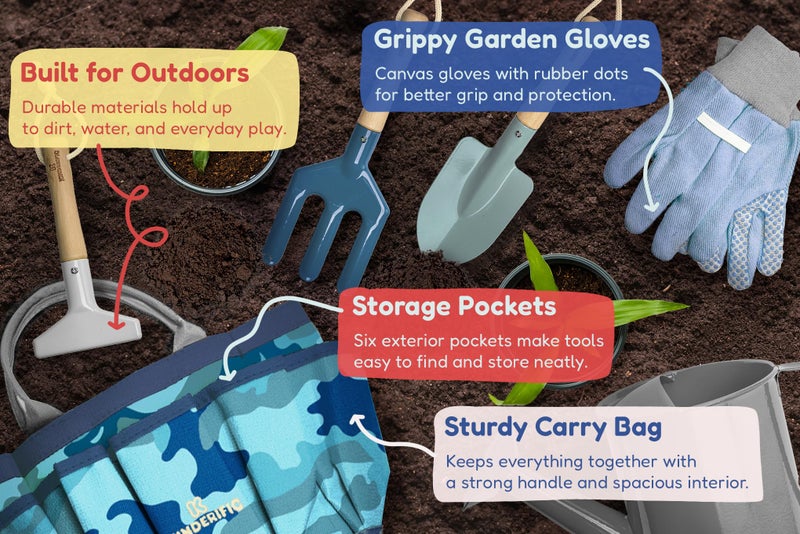Kinderific Gardening Set, Tool Kit, for Kids, STEM, Includes Tote Bag, Spade, Watering Can, Rake, Fork, Trowel and Gloves (Camo Quest) - Image 2
